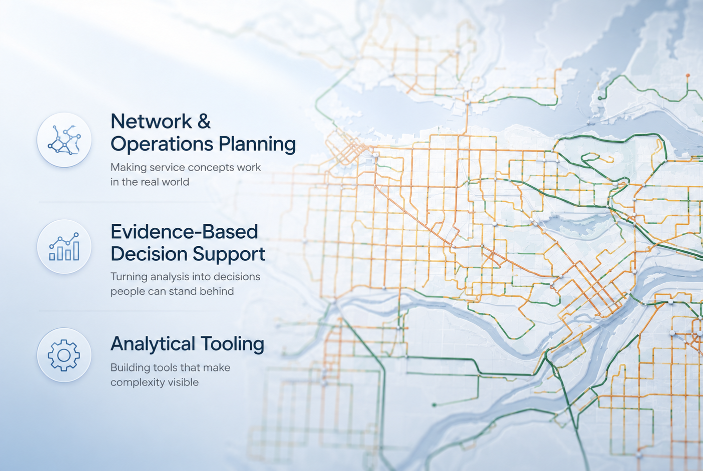 Portfolio graphic showing network and operations planning, evidence-based decision support, and analytical tooling over a transit network map.